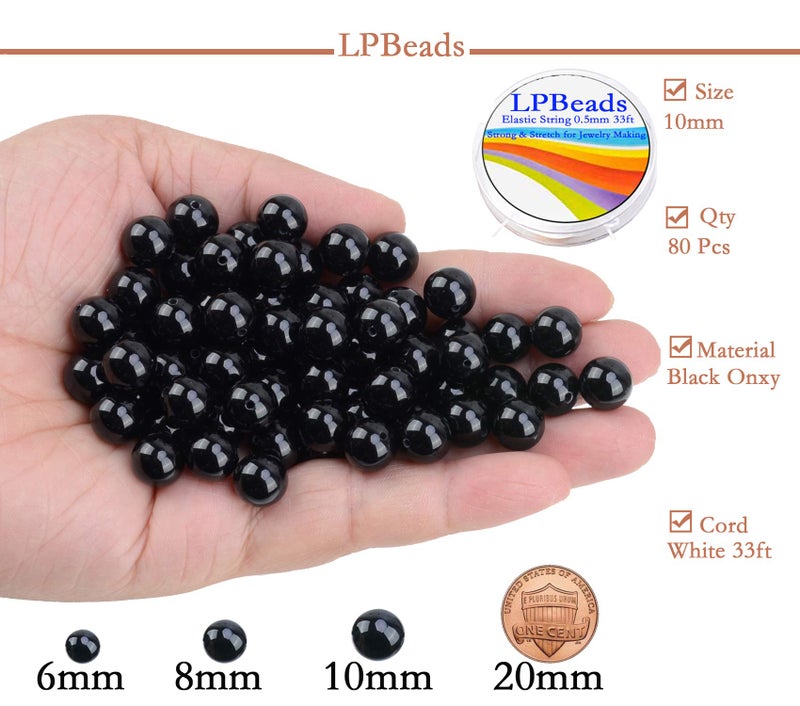 LPBeads 80 قطعة مصقول 10 مللي متر الجولة الطبيعية الأسود Onxy الأحجار الكريمة فضفاض الخرز مع الحبل تمتد لصنع المجوهرات الأساور - Image 2